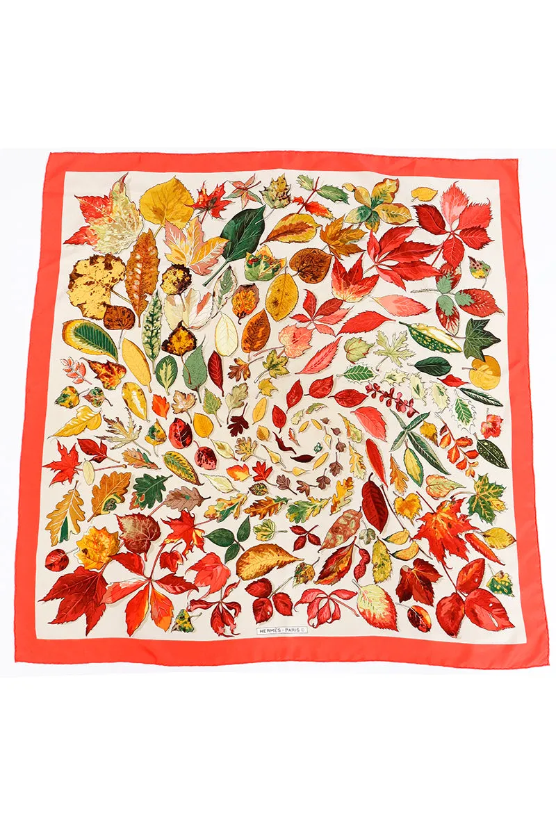 1990s Vintage Hermès Tourbillons Swirling Fall Leaves Silk Scarf