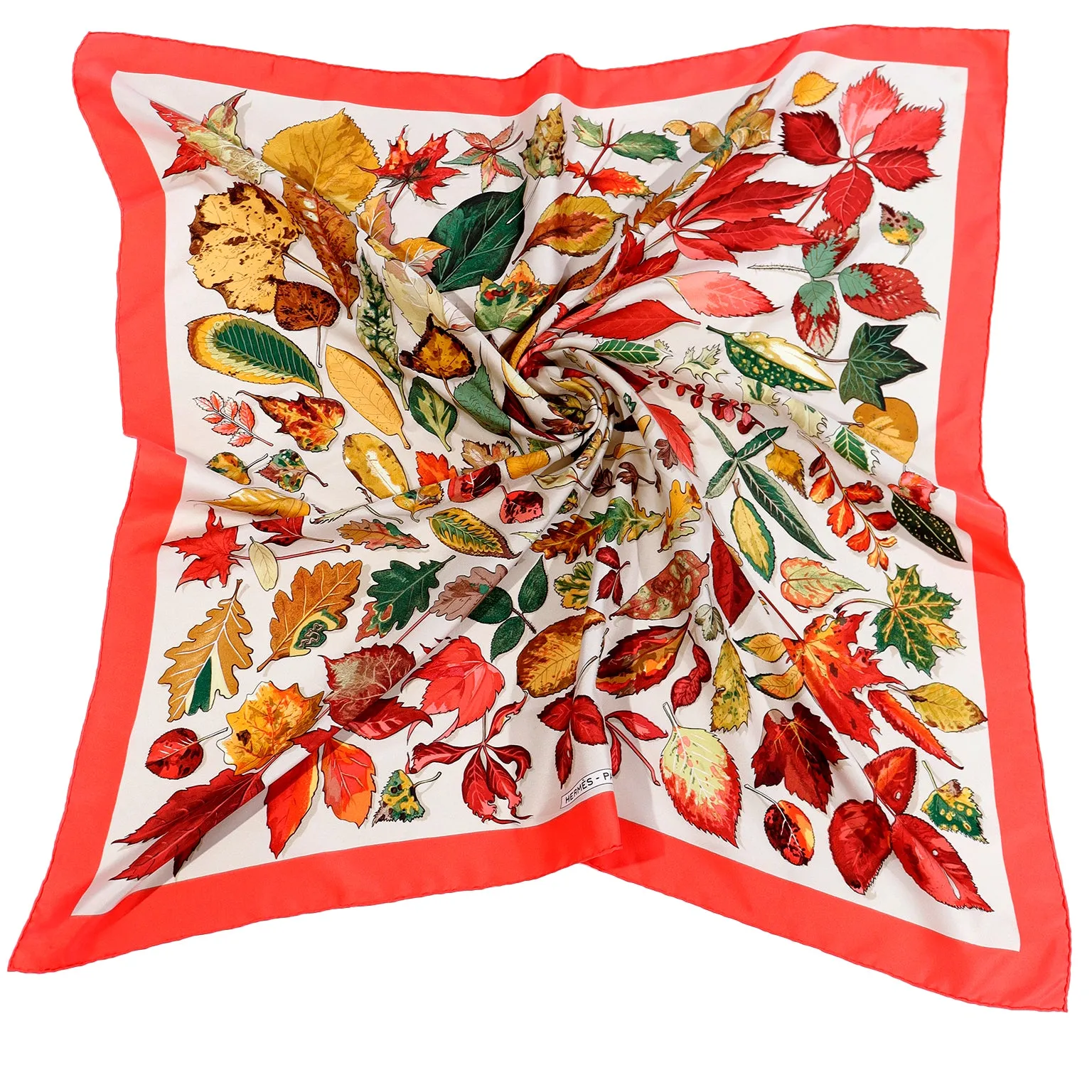 1990s Vintage Hermès Tourbillons Swirling Fall Leaves Silk Scarf