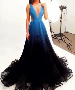 2019 Black Blue Gradient Tulle Long Evening Party Dress,A Line V-neck Prom Dresses PFP0934