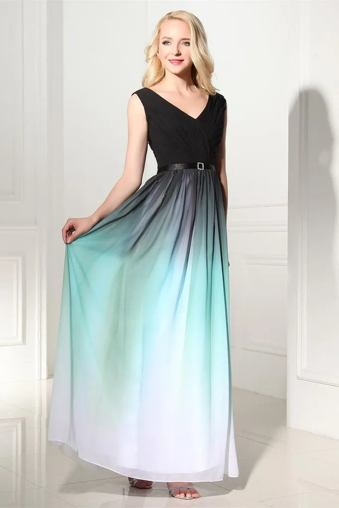 2019 Pretty V-neck Back Up Lace Ombre Chiffon Long Prom Dresses PFP1186