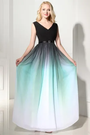 2019 Pretty V-neck Back Up Lace Ombre Chiffon Long Prom Dresses PFP1186