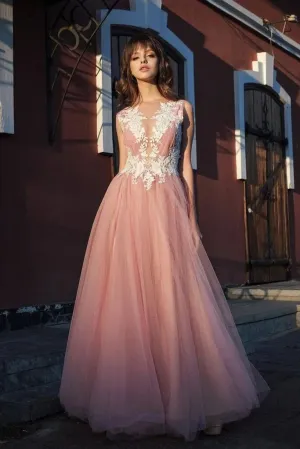 A-line Bateau Pink Tulle Long Prom Dresses Applique Formal Gowns PFP1657