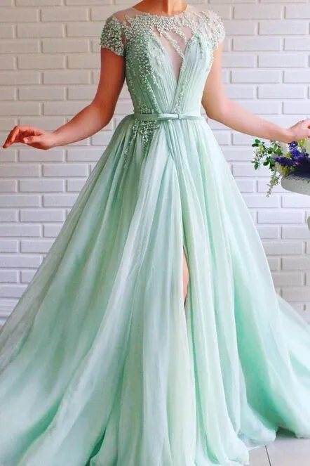 A-line Mint Green Long Cheap Prom Dresses Beading Tulle Evening Dress PFP1772