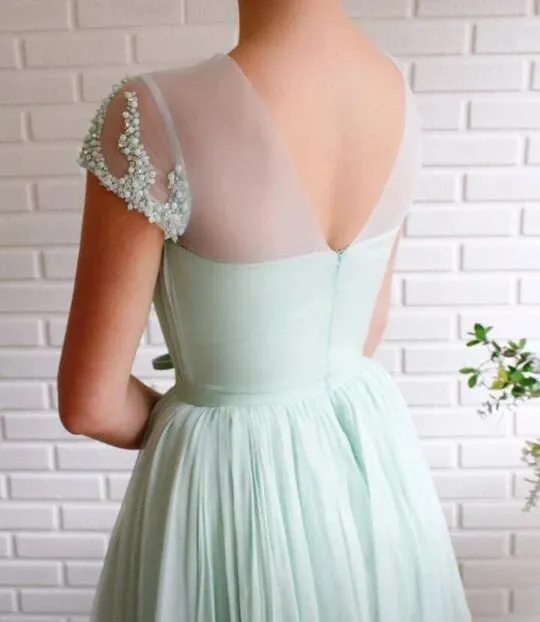 A-line Mint Green Long Cheap Prom Dresses Beading Tulle Evening Dress PFP1772