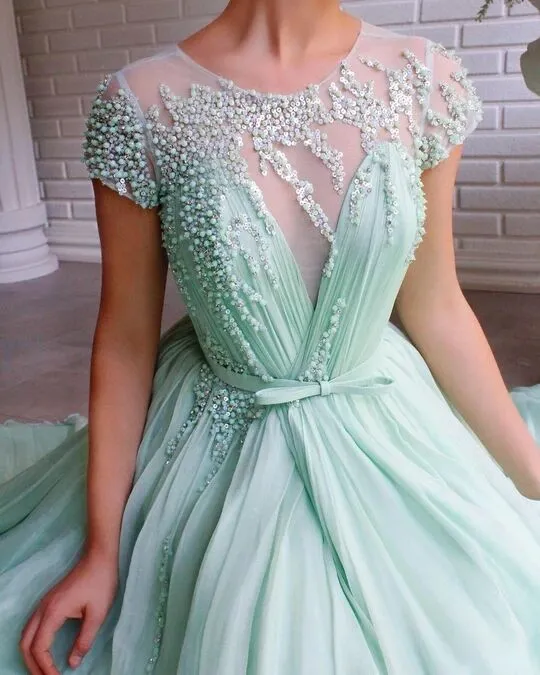 A-line Mint Green Long Cheap Prom Dresses Beading Tulle Evening Dress PFP1772