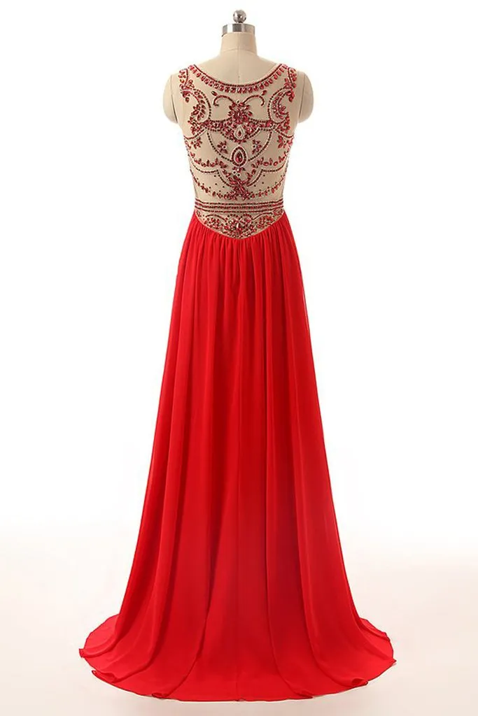 Beaded Long Prom Dress Red Chiffon Cheap Evening Gowns PFP1326