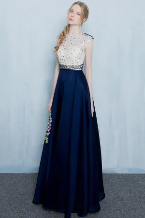 Beautiful Dark Blue Long Beading Zipper Back Prom Dresses PFP1071