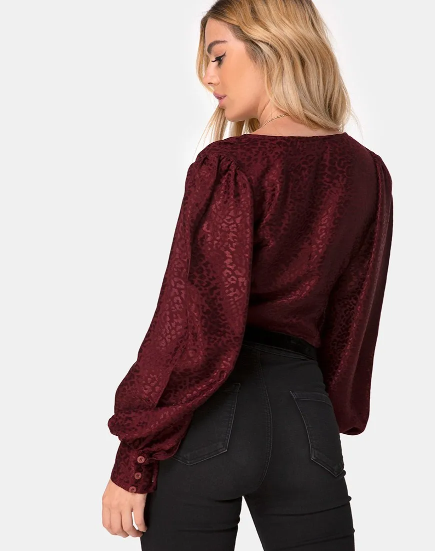 Bina Crop Top in Satin Cheetah Burgundy