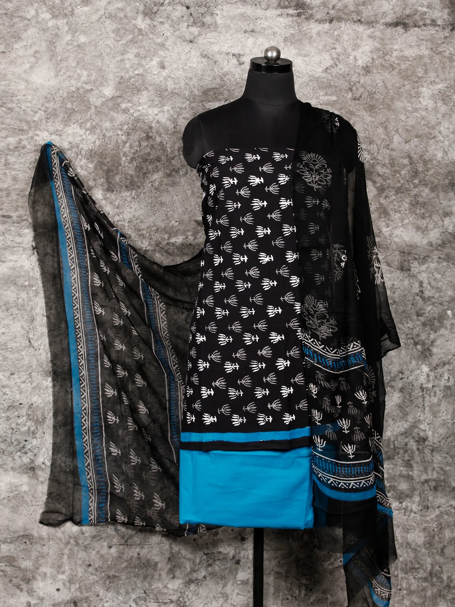 Black Blue White Hand Block Printed Cotton Suit-Salwar Fabric With Chiffon Dupatta (Set of 3) - SU01HB336