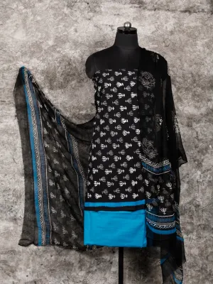 Black Blue White Hand Block Printed Cotton Suit-Salwar Fabric With Chiffon Dupatta (Set of 3) - SU01HB336