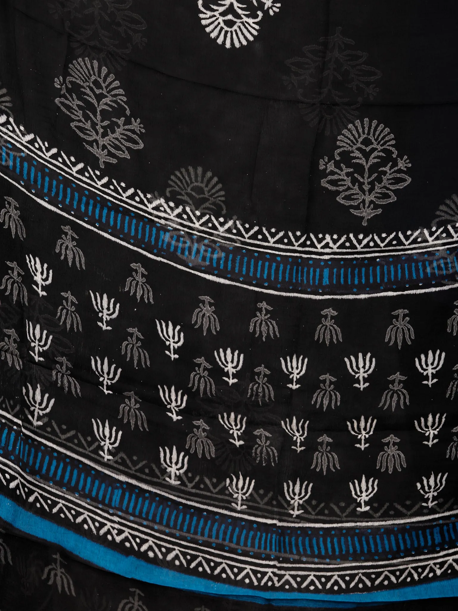 Black Blue White Hand Block Printed Cotton Suit-Salwar Fabric With Chiffon Dupatta (Set of 3) - SU01HB336