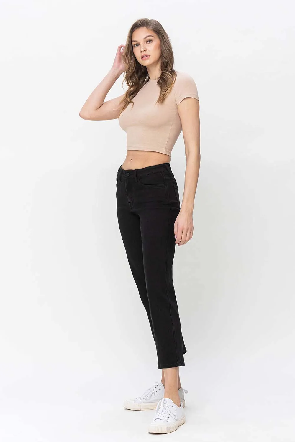 Black High Rise Ankle Straight Jeans by Vervet