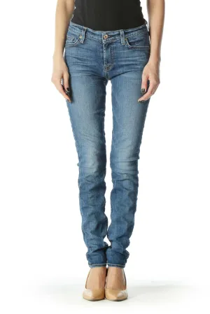 Blue Medium-Wash Straight Leg Denim Jeans