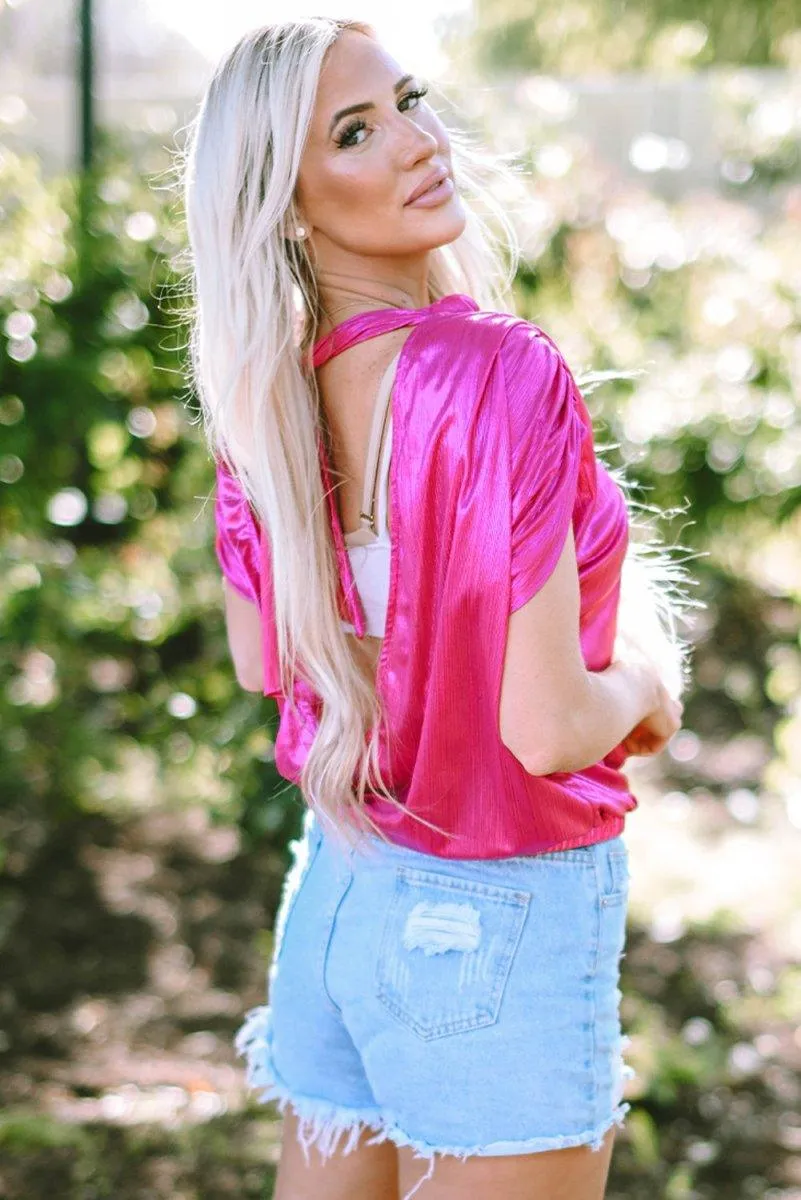 Bright Pink Knotted Backless Blouse