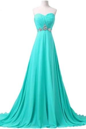 Charming Long Teal Chiffon Strapless Beading Handmade Prom Dresses PFP1176