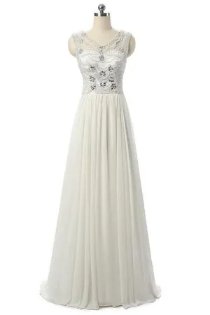 Classy Long Ivory Chiffon Beading Handmade Free Shipping Prom Dresses PFP1182