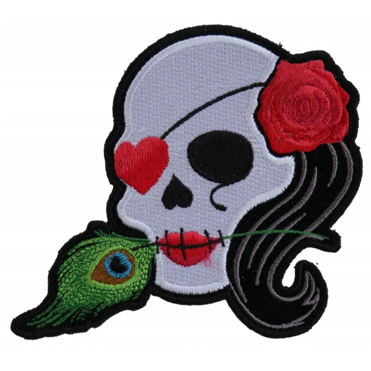 Daniel Smart Lady Sugar Skull With Pink Rose and Feather Embroidered Patch, 3.7 x 4.25 inches