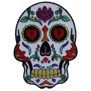 Daniel Smart Sugar Skull Embroidered Iron on Patch, White, 3 x 4 inches