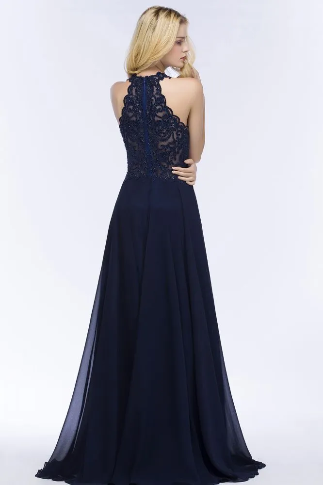 Elegant A-line Keyhole Neckline Halter Long Beading Prom Dresses