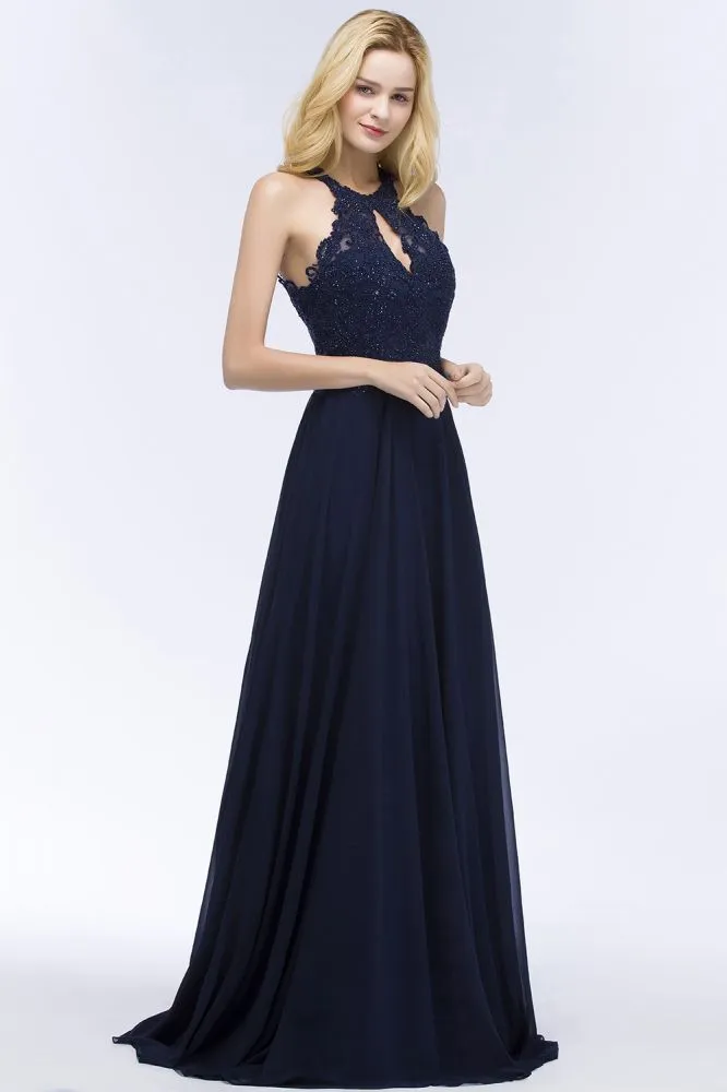 Elegant A-line Keyhole Neckline Halter Long Beading Prom Dresses