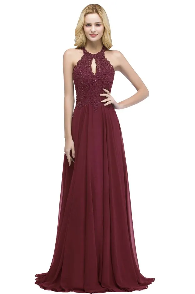 Elegant A-line Keyhole Neckline Halter Long Beading Prom Dresses