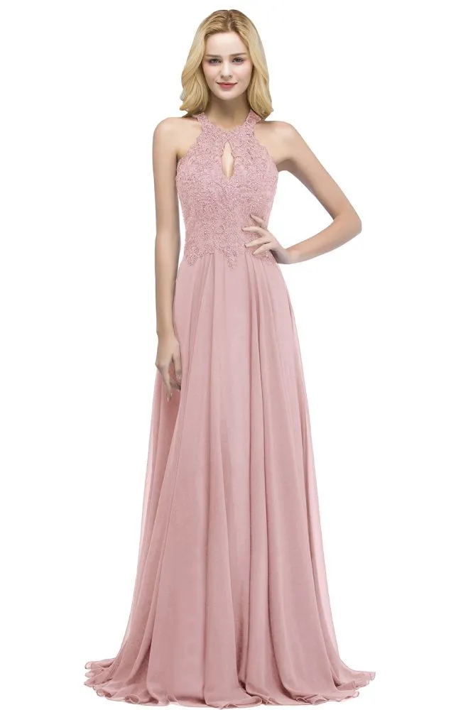 Elegant A-line Keyhole Neckline Halter Long Beading Prom Dresses