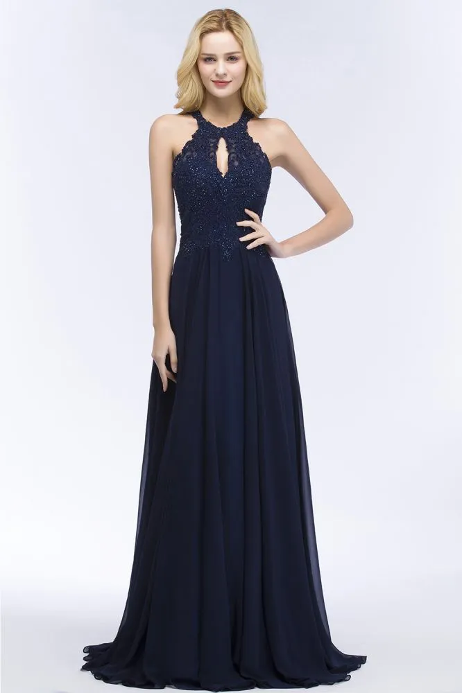 Elegant A-line Keyhole Neckline Halter Long Beading Prom Dresses