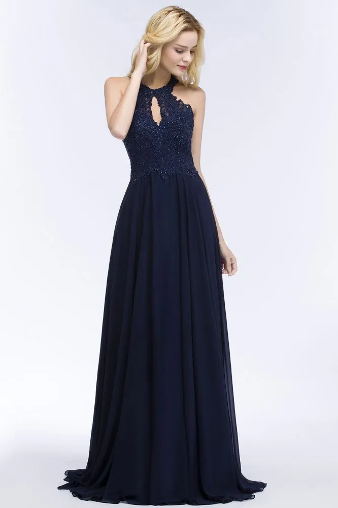 Elegant A-line Keyhole Neckline Halter Long Beading Prom Dresses