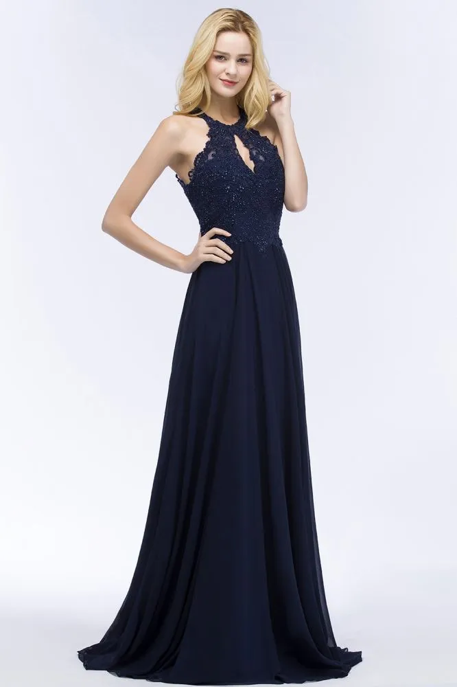 Elegant A-line Keyhole Neckline Halter Long Beading Prom Dresses