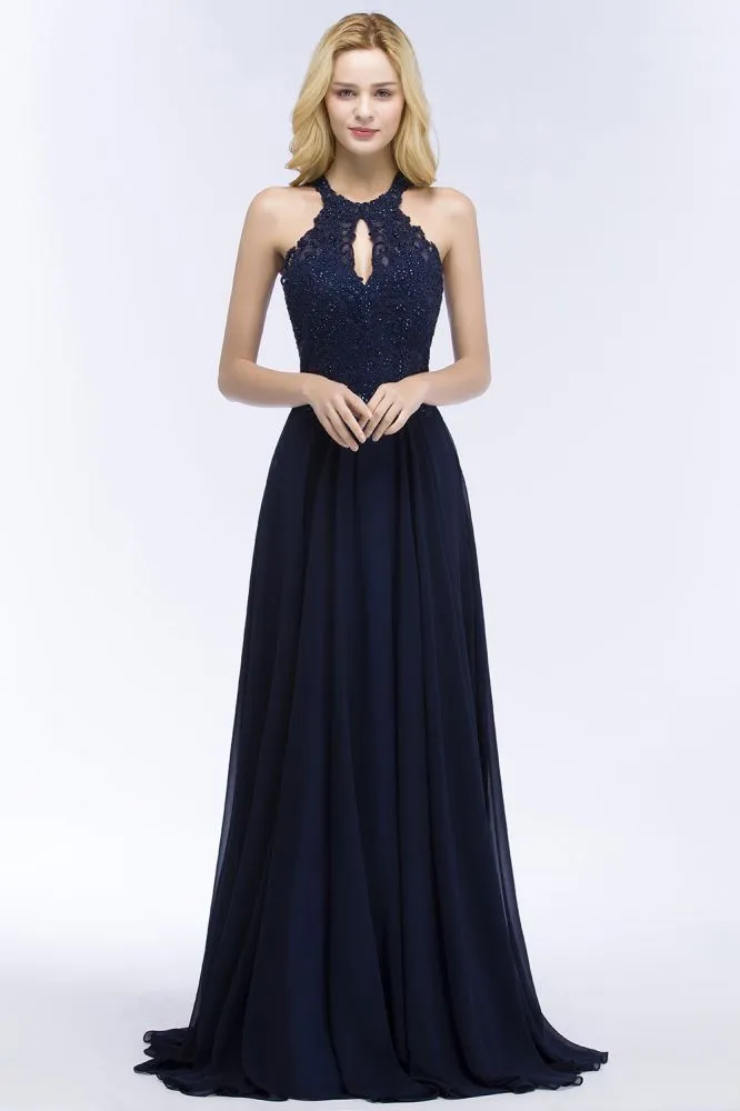 Elegant A-line Keyhole Neckline Halter Long Beading Prom Dresses