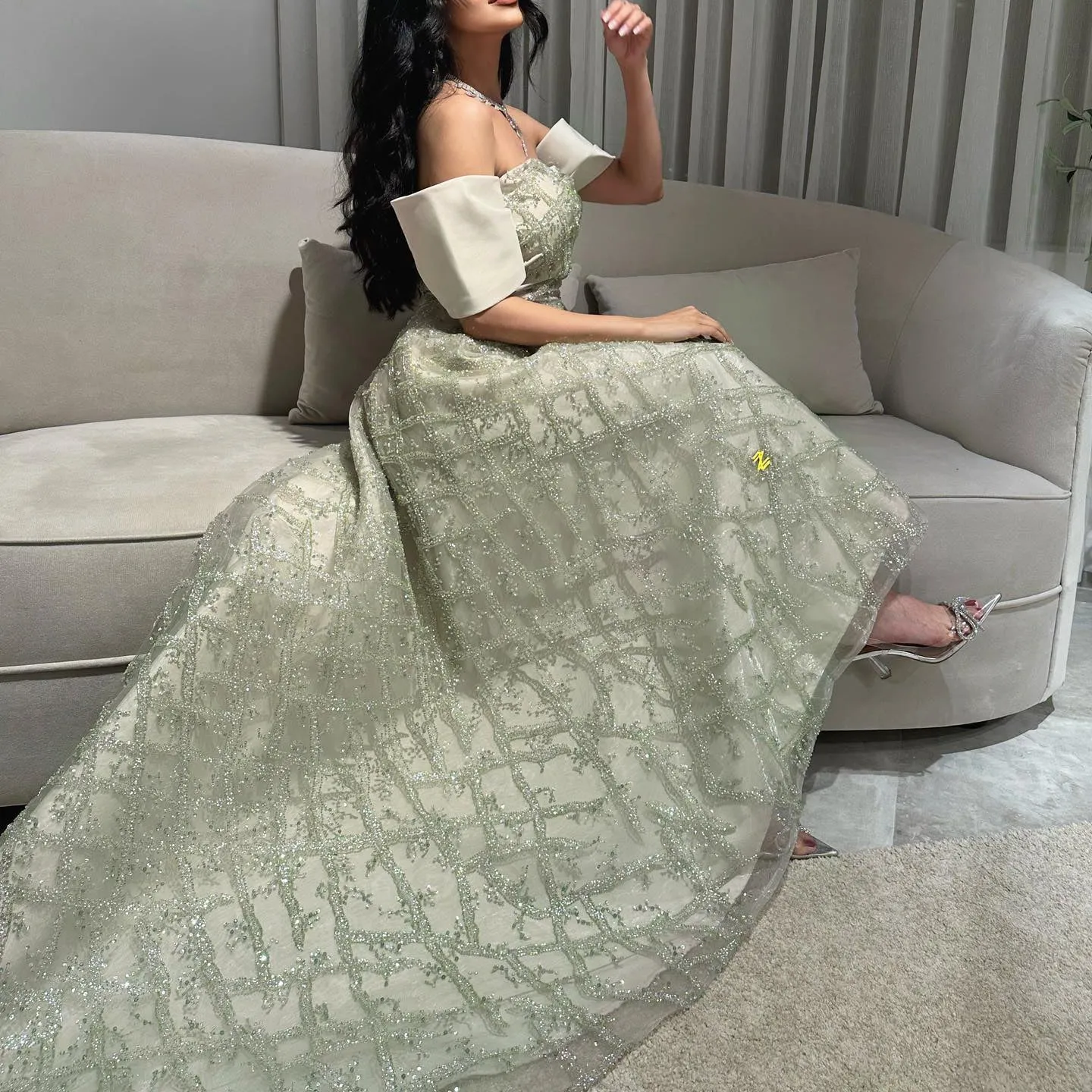 Elegant A-line Sage Green Off Shoulder Evening Dress SS427