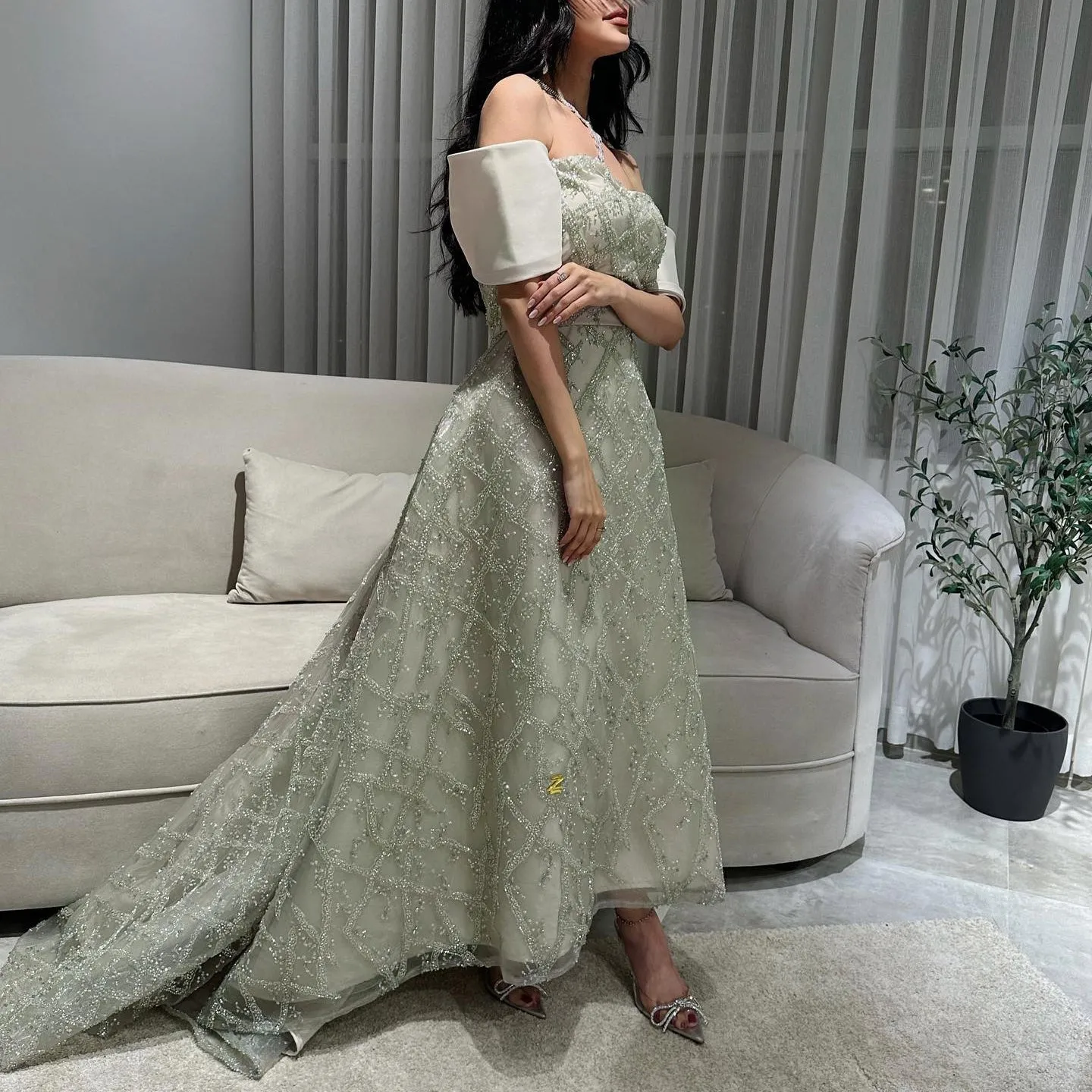 Elegant A-line Sage Green Off Shoulder Evening Dress SS427