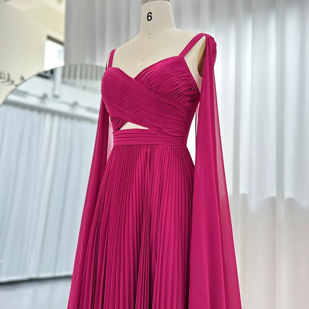 Elegant Fuchsia Chiffon Evening Dress with Cape Sleeves SF090