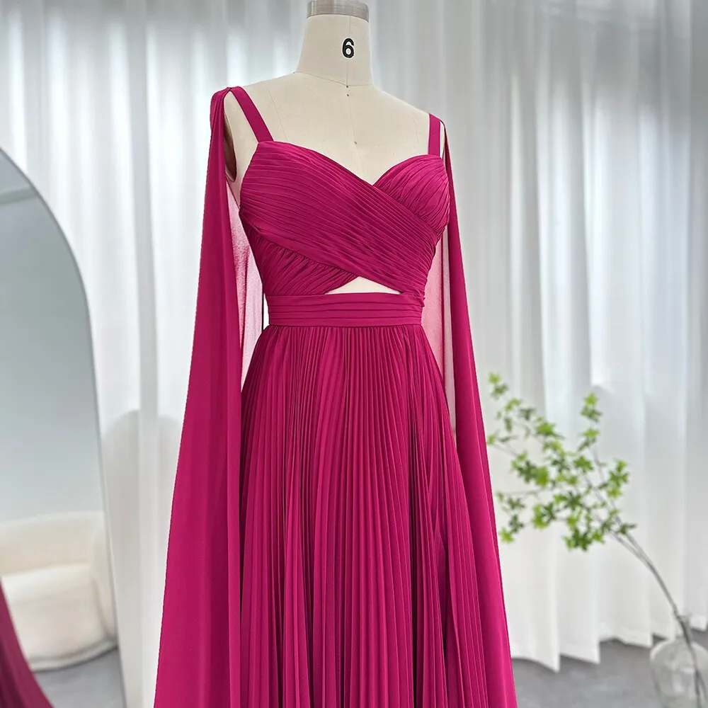 Elegant Fuchsia Chiffon Evening Dress with Cape Sleeves SF090