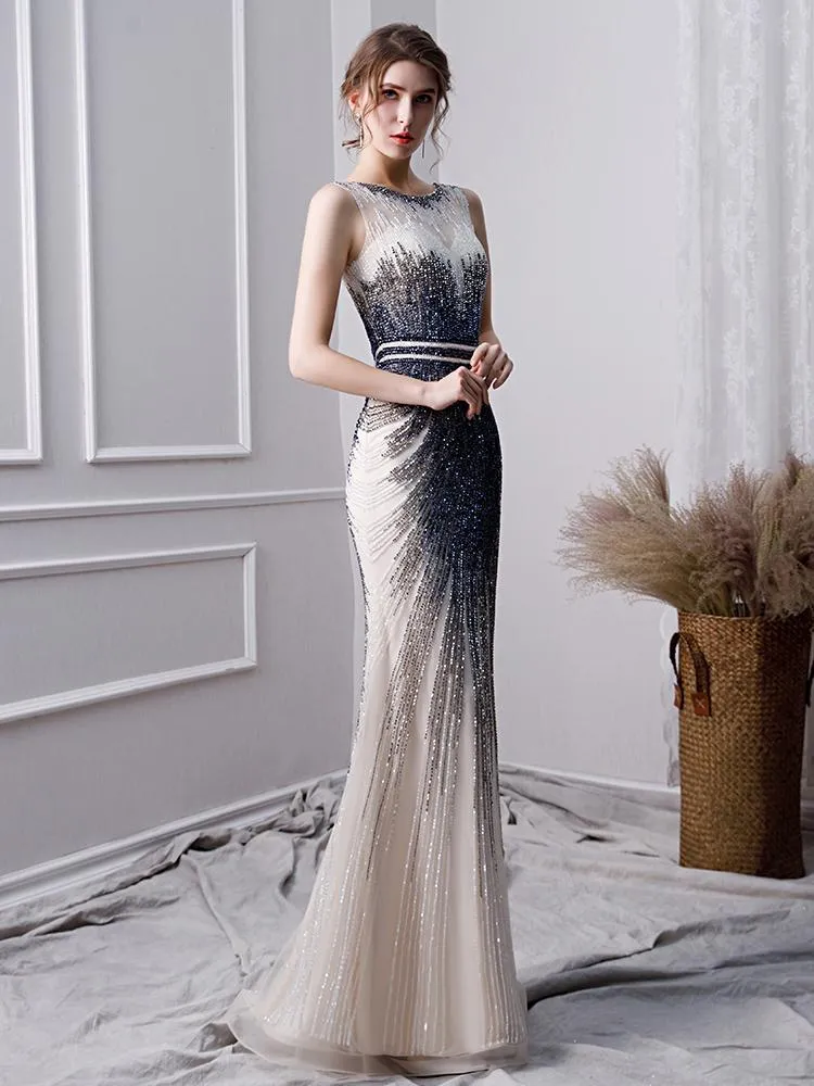 Elegant Mermaid Long Tulle Beading Prom Dresses PFP1383