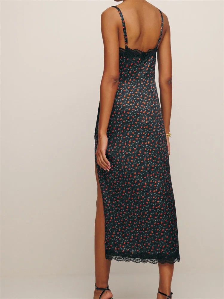 Floral Print Midi Satin Slip Dress with Slit and Lace Detailing