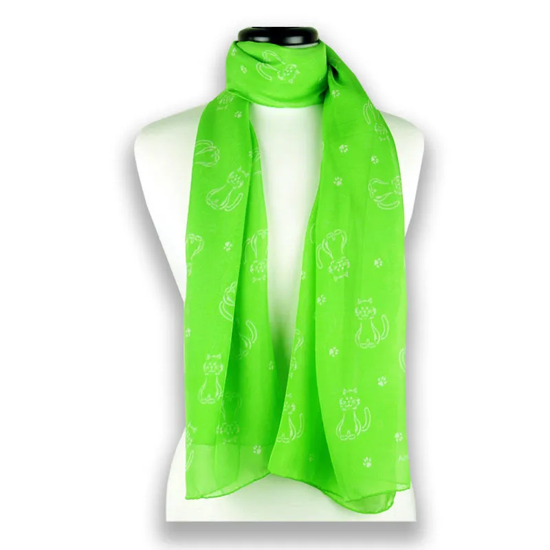 GREEN CAT PATTERN SCARF - 67x26"