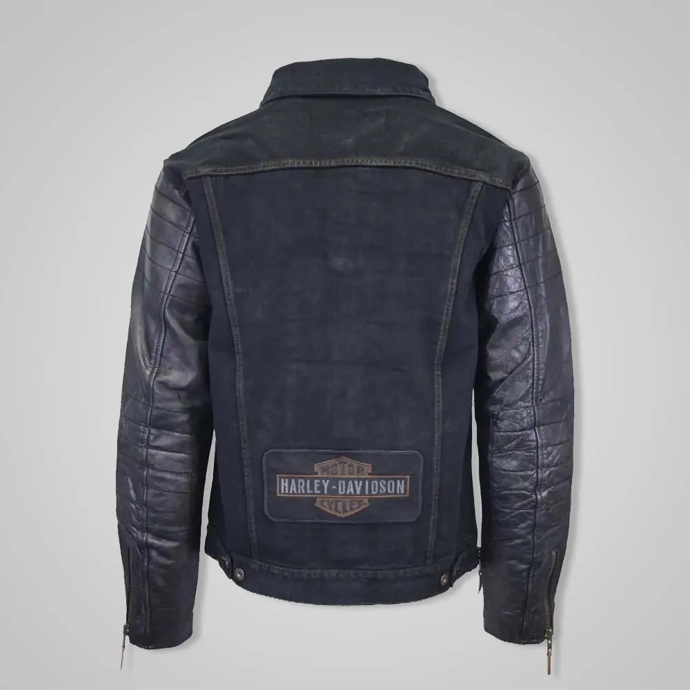 Harley Davidson Men’s Denim Jacket with Leather Sleeves