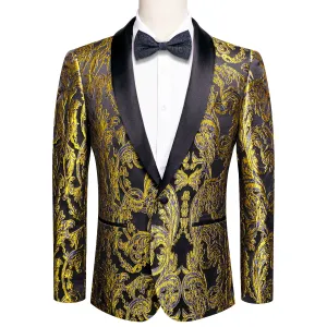 Hi-Tie Black Shawl Lapel Golden Blue Black Paisley Men's Suit Set