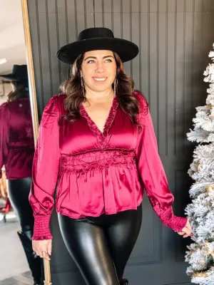 Holiday Soirée Satin Holiday Blouse, Wine