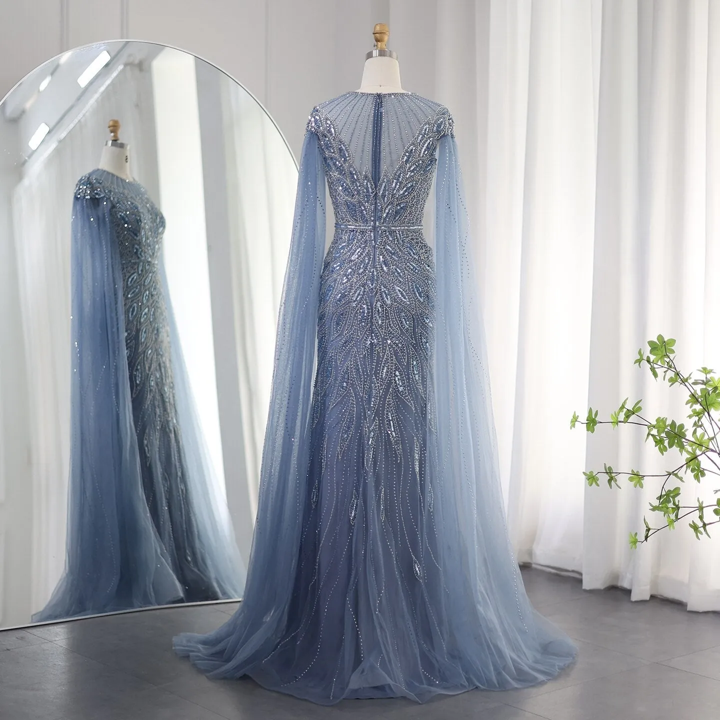 Luxury Blue Mermaid Evening Dress with Cape Sleeves SS009