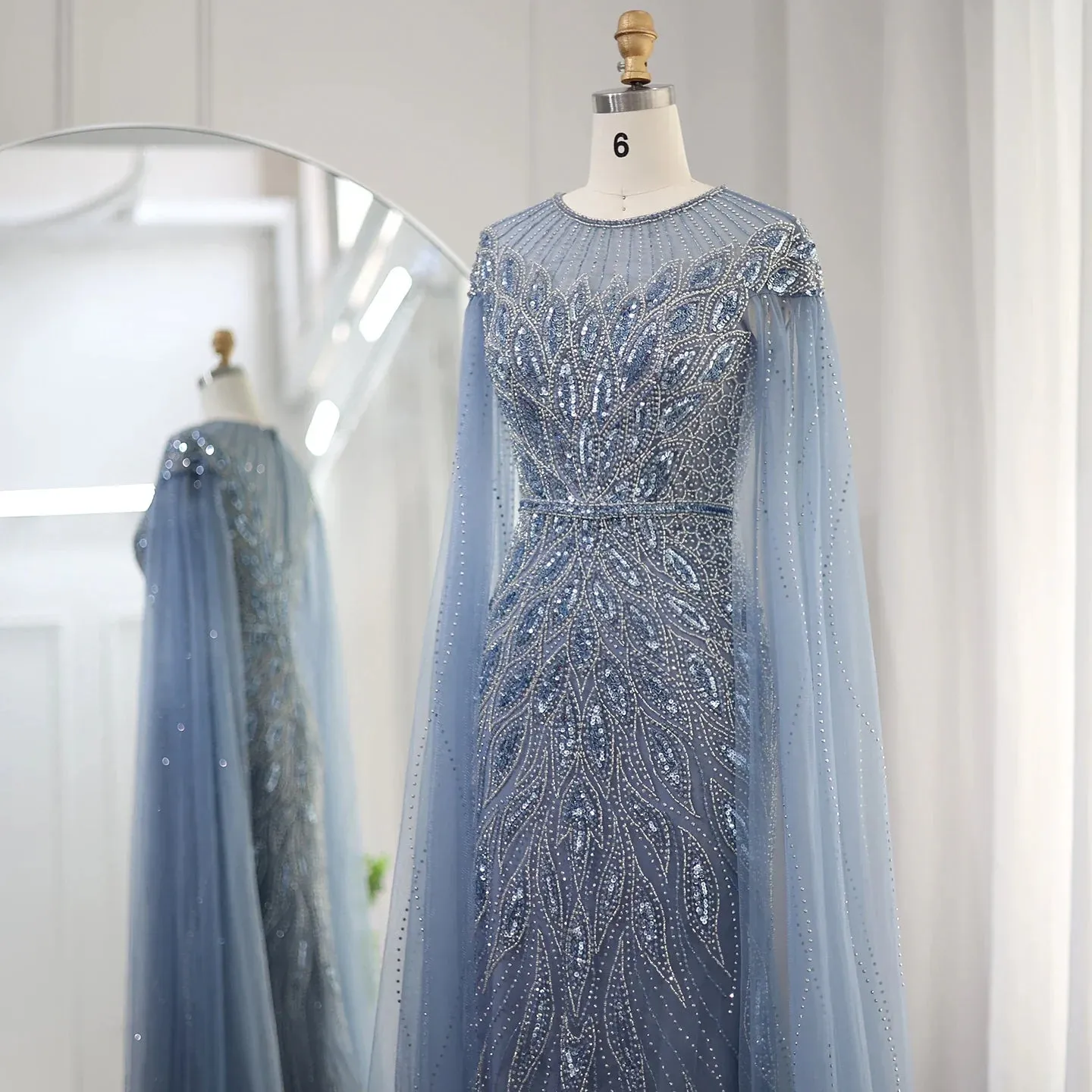 Luxury Blue Mermaid Evening Dress with Cape Sleeves SS009