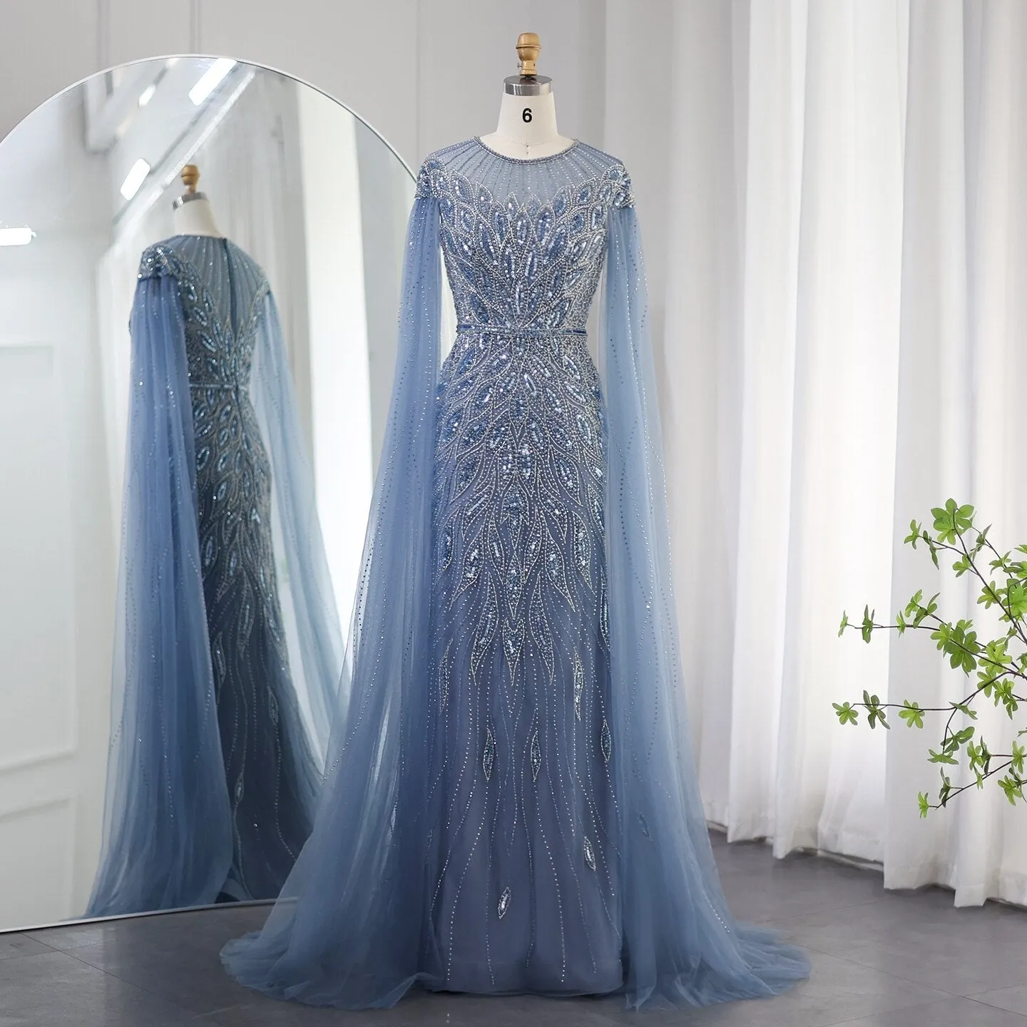 Luxury Blue Mermaid Evening Dress with Cape Sleeves SS009