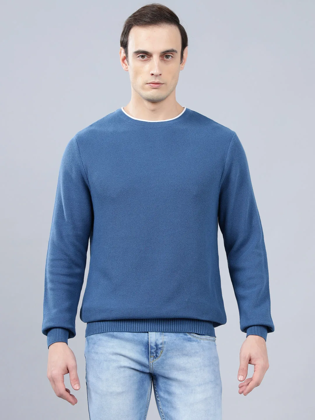 Men's Blue Self Design Full Sleeve Sweater