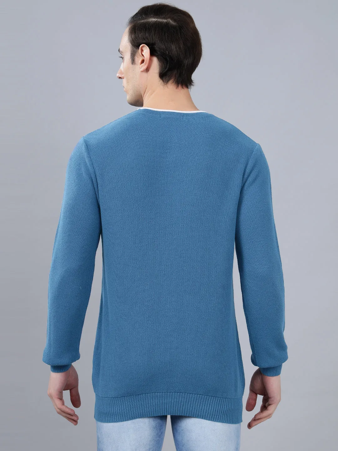 Men's Blue Self Design Full Sleeve Sweater