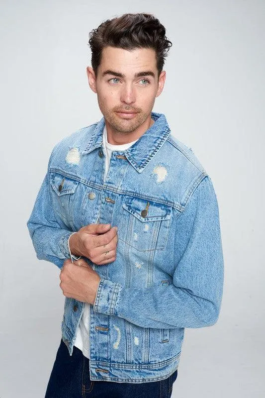 Mens Light Denim Blue Jean Jacket with Distressed