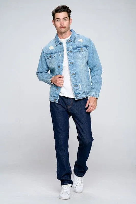 Mens Light Denim Blue Jean Jacket with Distressed