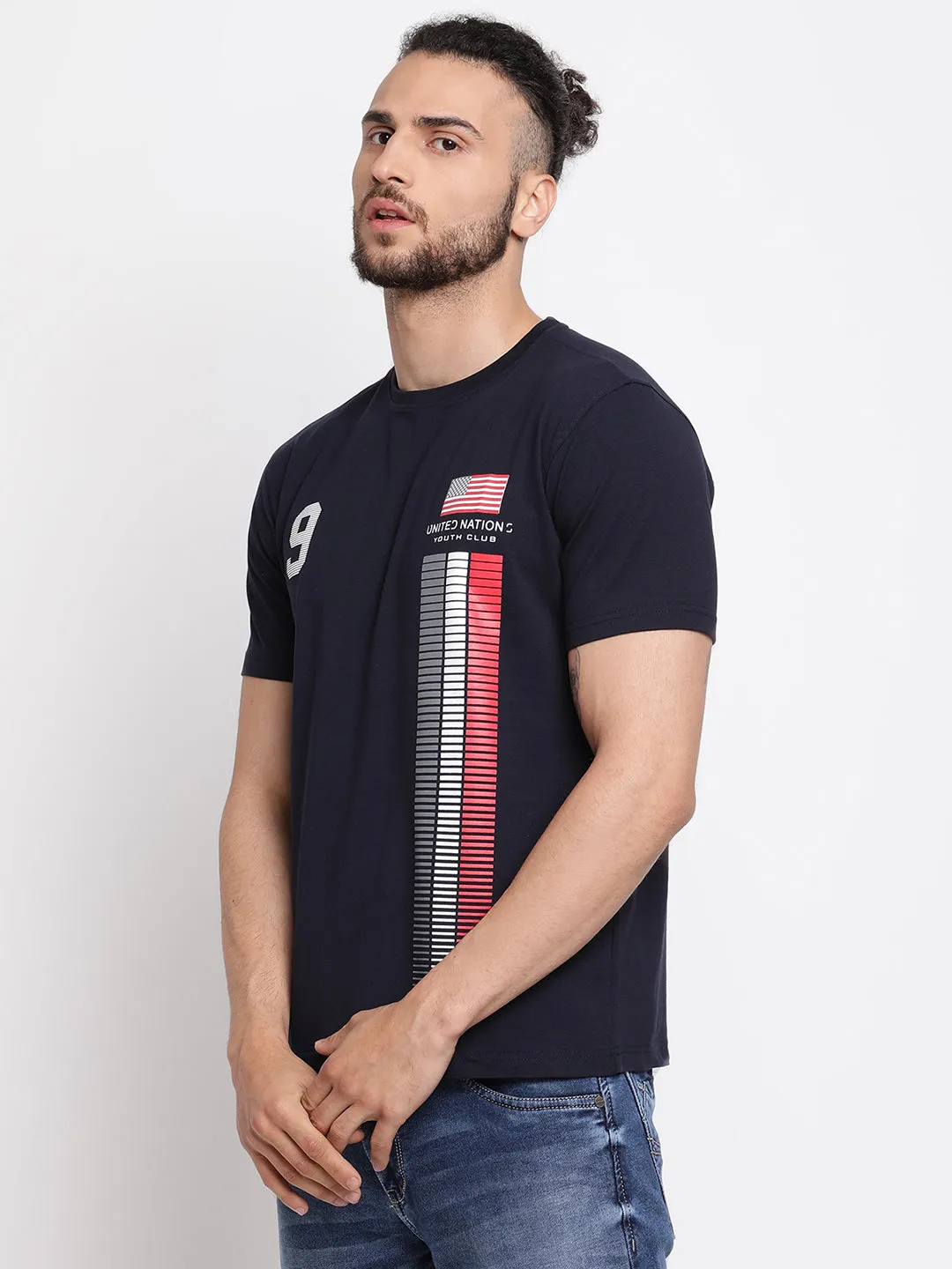 Men's Navy Blue Round neck Half Sleeve T-Shirt with Print