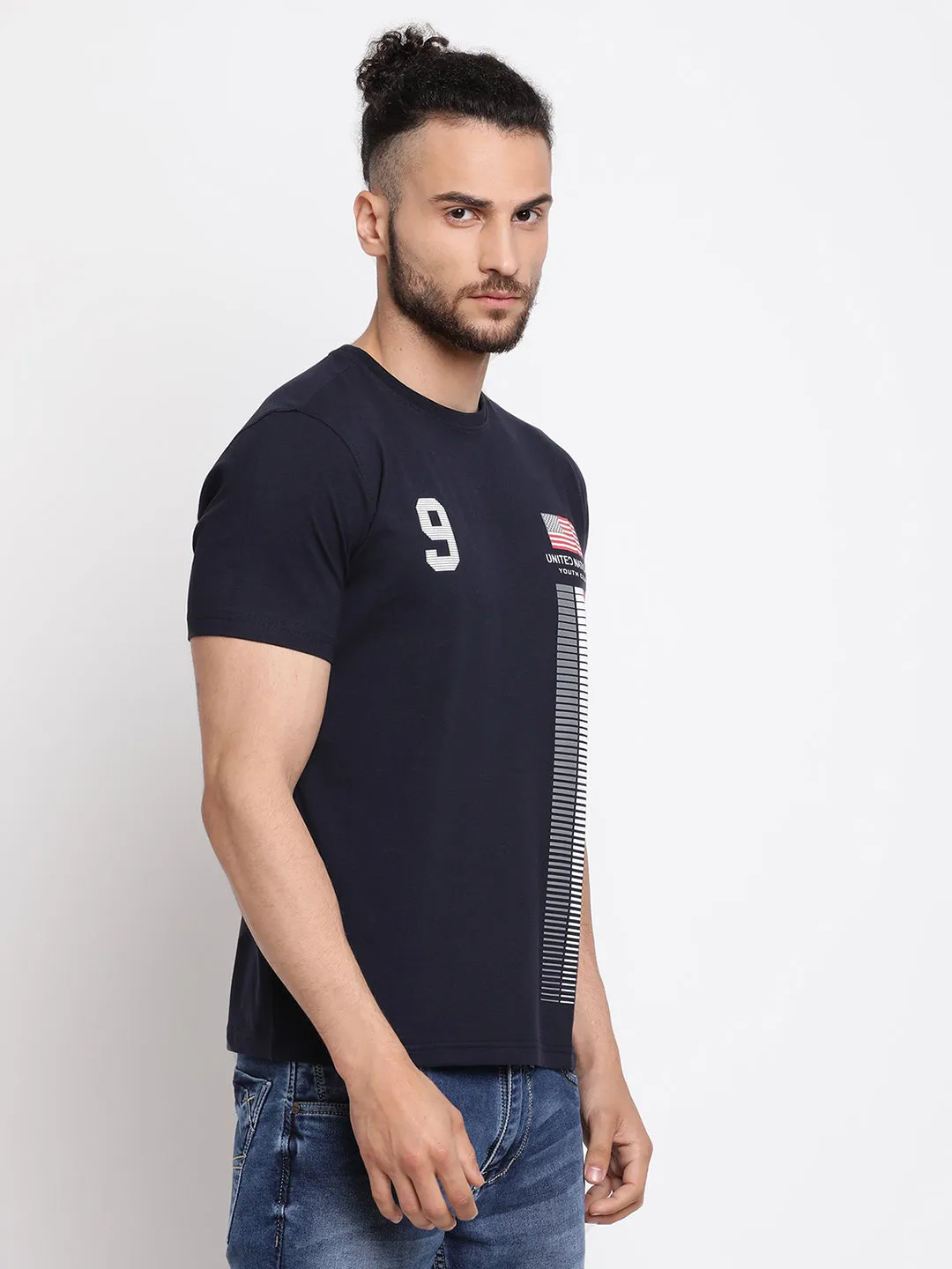 Men's Navy Blue Round neck Half Sleeve T-Shirt with Print