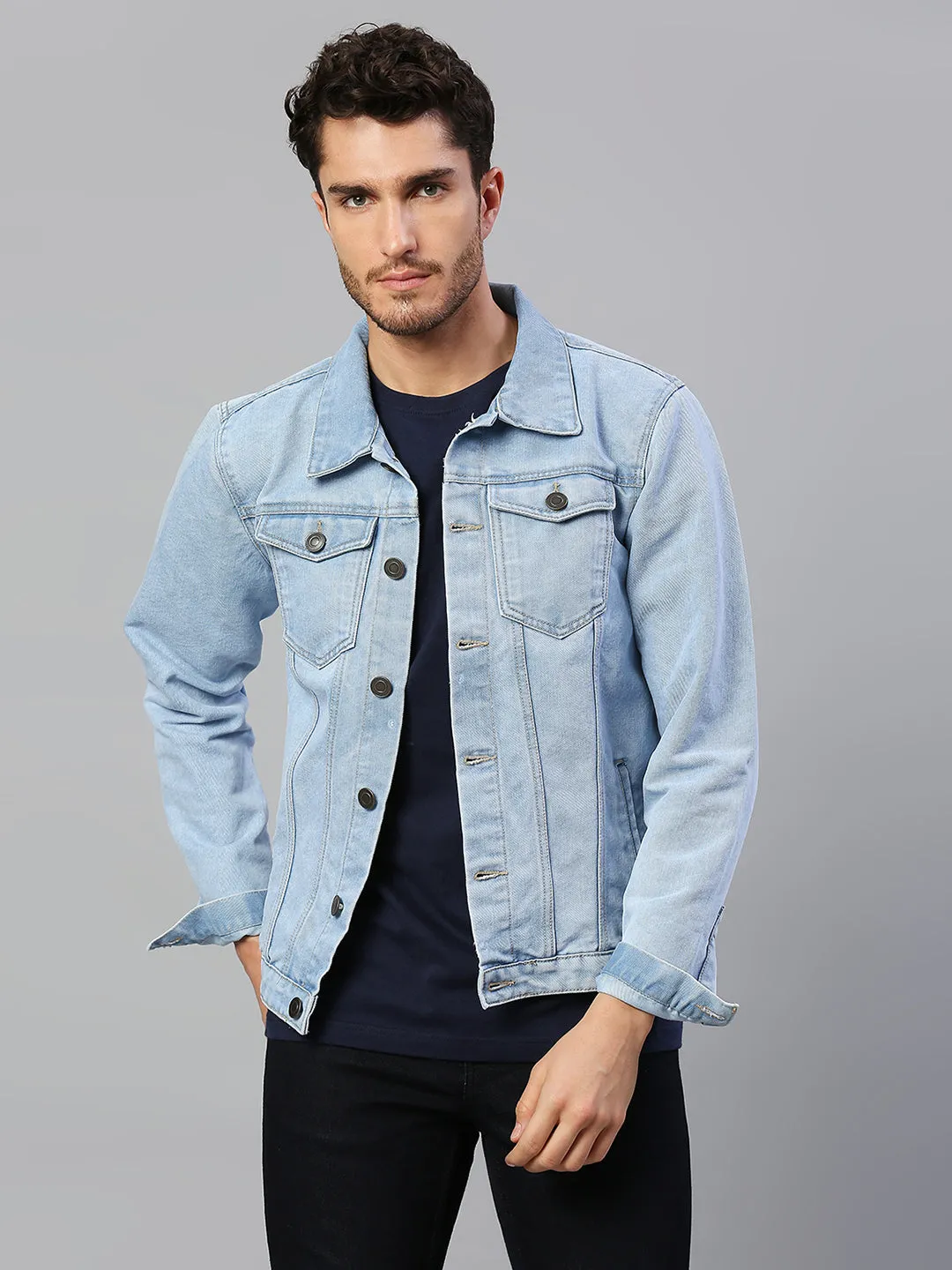 Men's Regular Fit Long Sleeve Button Down Denim Jacket (Light Blue)